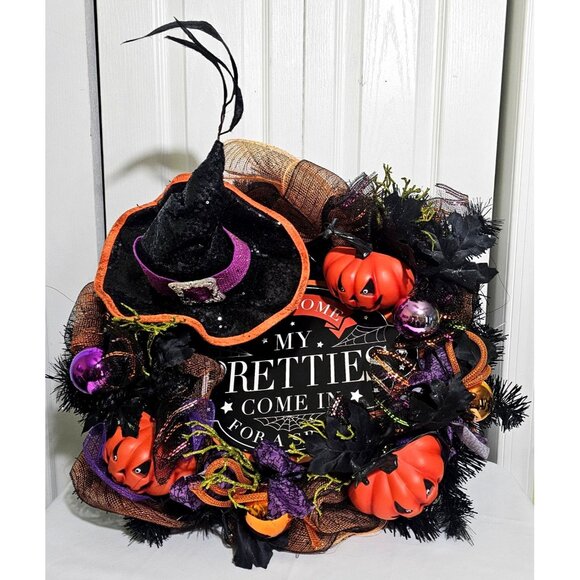 Halloween Wreath Witch Hat Door Decor Light Up Purple Pumpkins Spooky Handmade - Picture 4 of 9